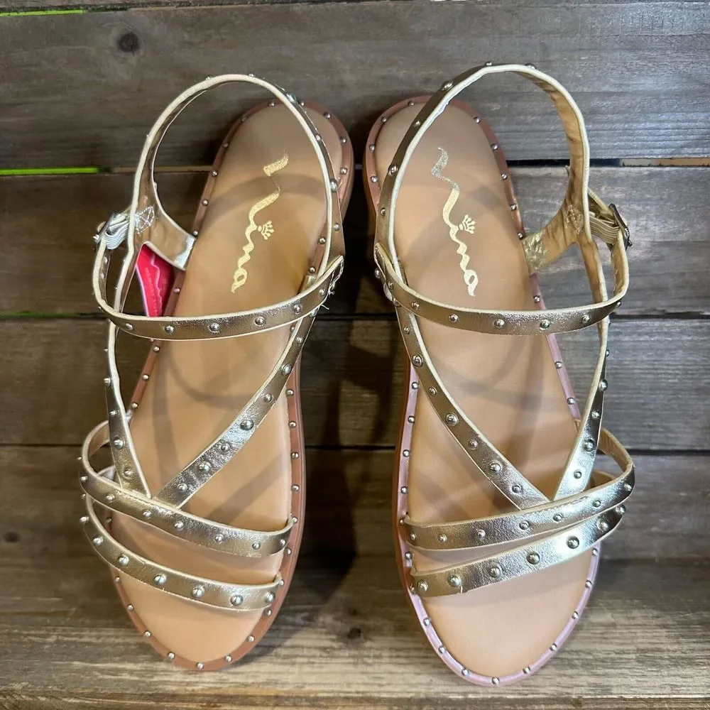 New NIB Big Kids‎ Nina Larsa Gold Beaded Leather Strappy Sandals Size 6 Y